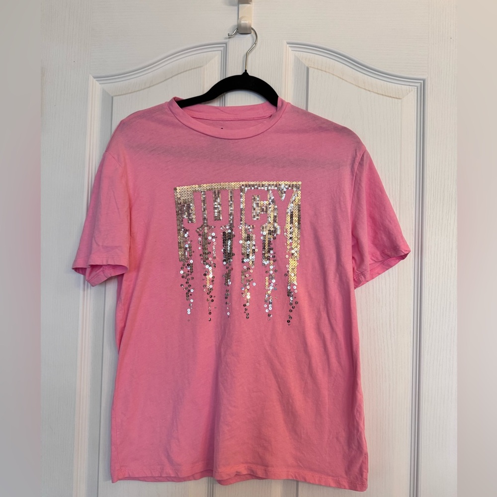 Juicy Couture Pink Sequin Drip Logo Tee Size XS Y2K